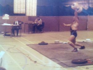 Ernie with a 75kg dumbbell swing at 75kg bodyweight, 1977